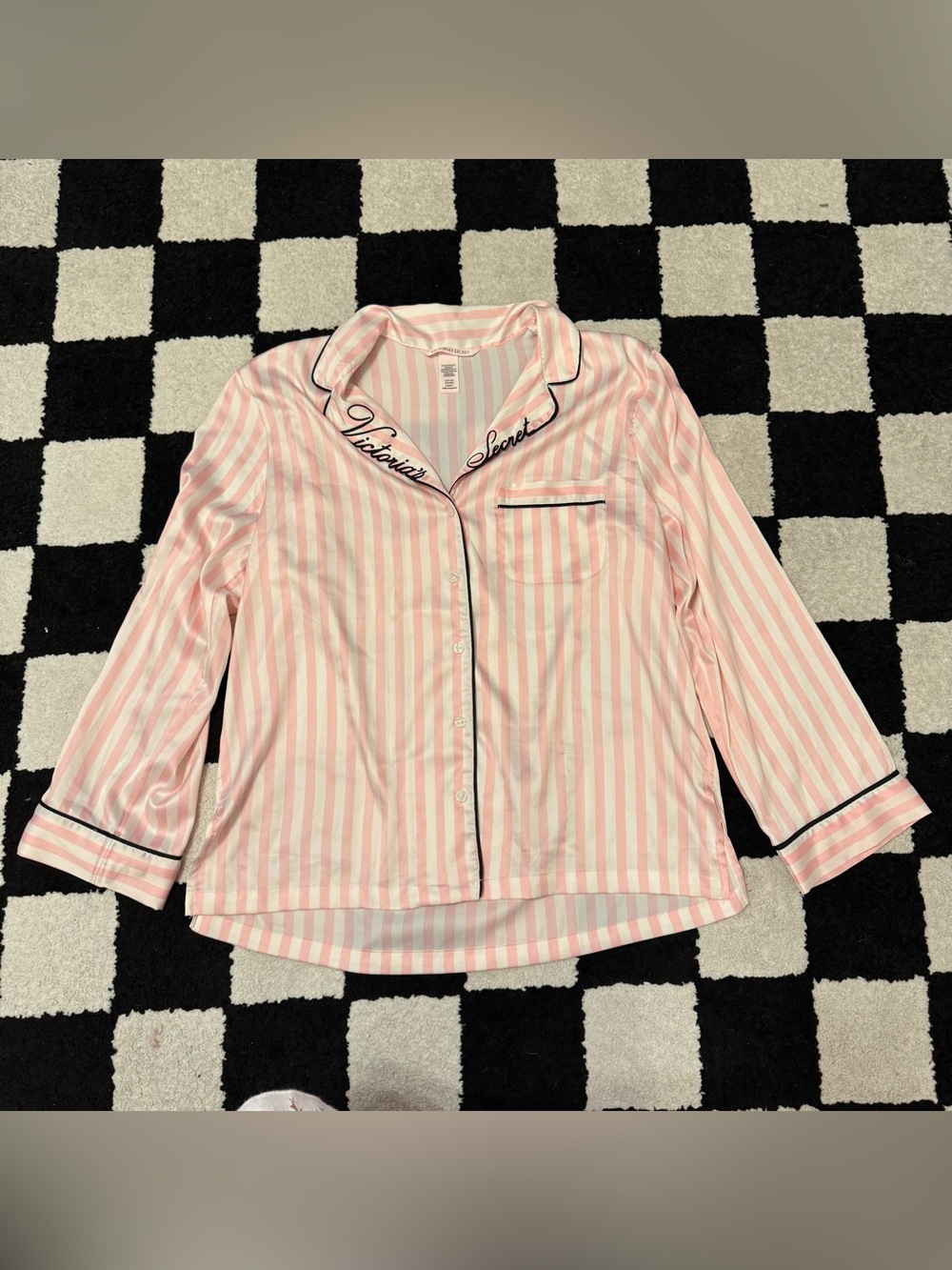 Victoria's Secret Signature Satin Pink & White Striped Button Up Pajama Top
